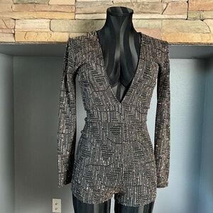 Hottie NYE Party Metallic Stretch Romper Indie Holiday Deep Plunge Black Gold S